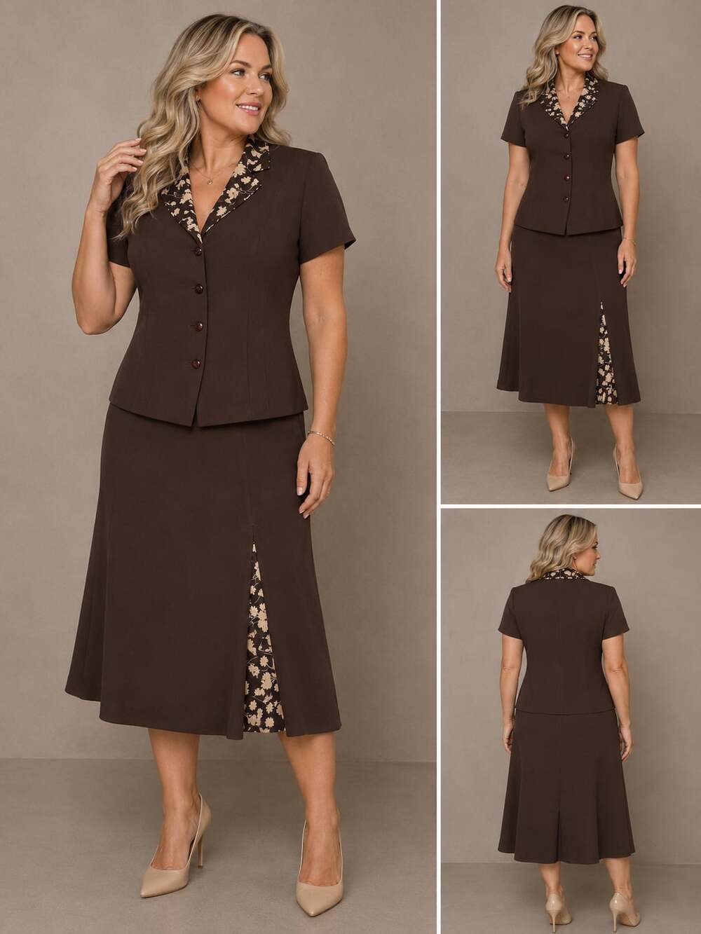 Danny & Nicole Women's Two-Piece Short Sleeve Blazer and Skirt Set in Brown with